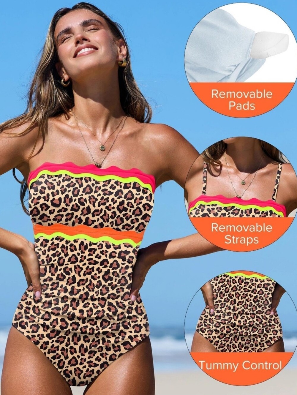 Popvil Tummy Control Leopard Print Swimsuit with Neon Trim- Size XL - Picture 3 of 6